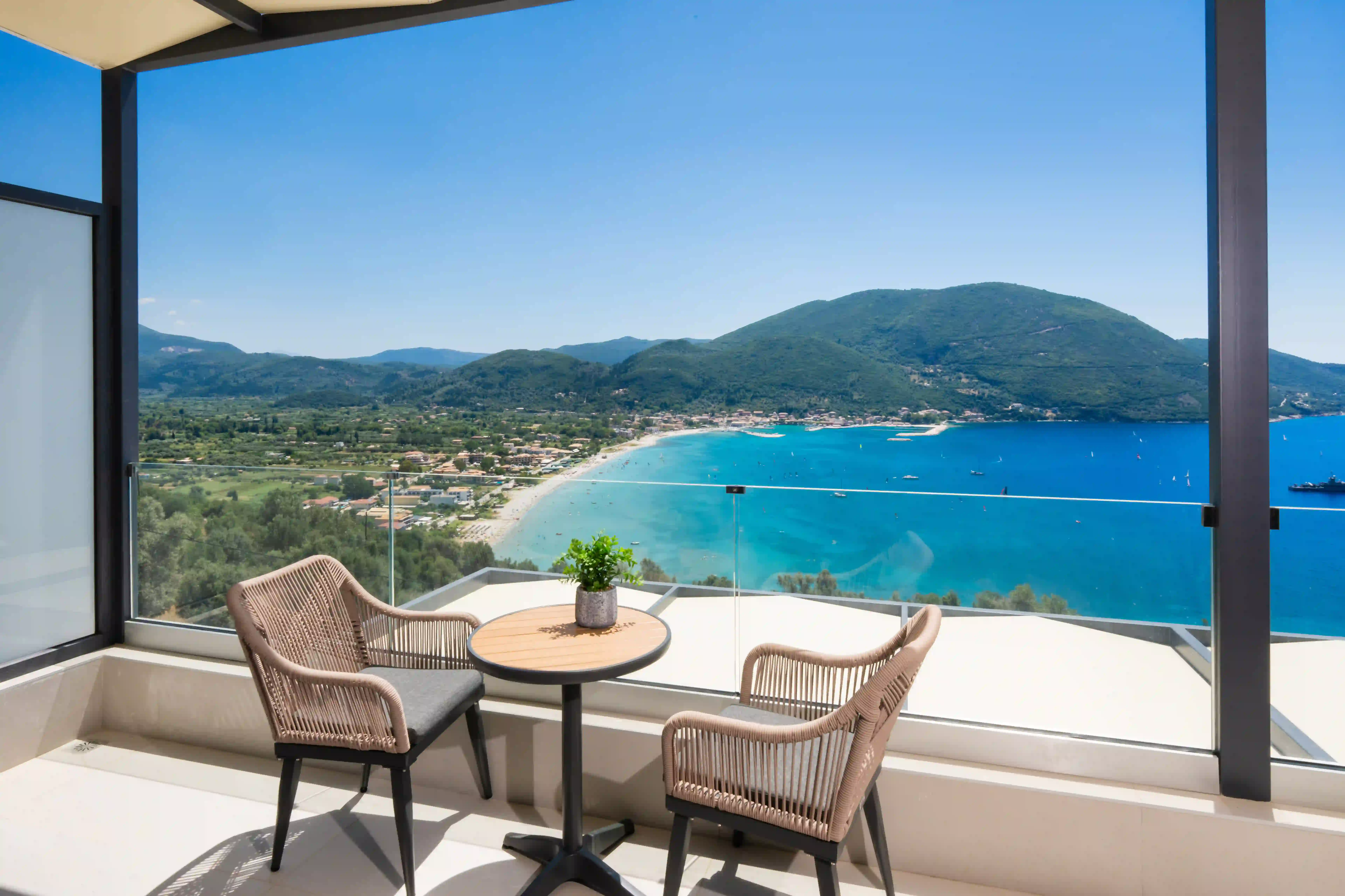 Panoramic view of Vasiliki Bay from Azzura Villas balcony in Lefkada