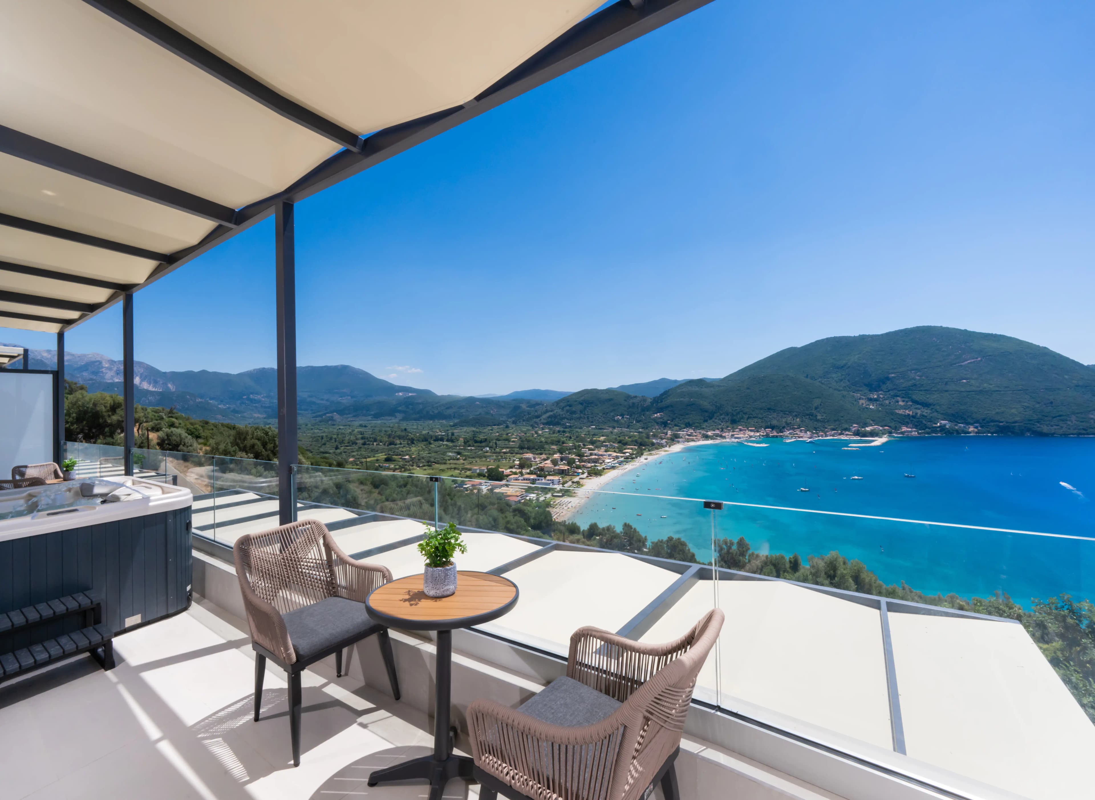 Private balcony with hot tub overlooking the Ionian Sea