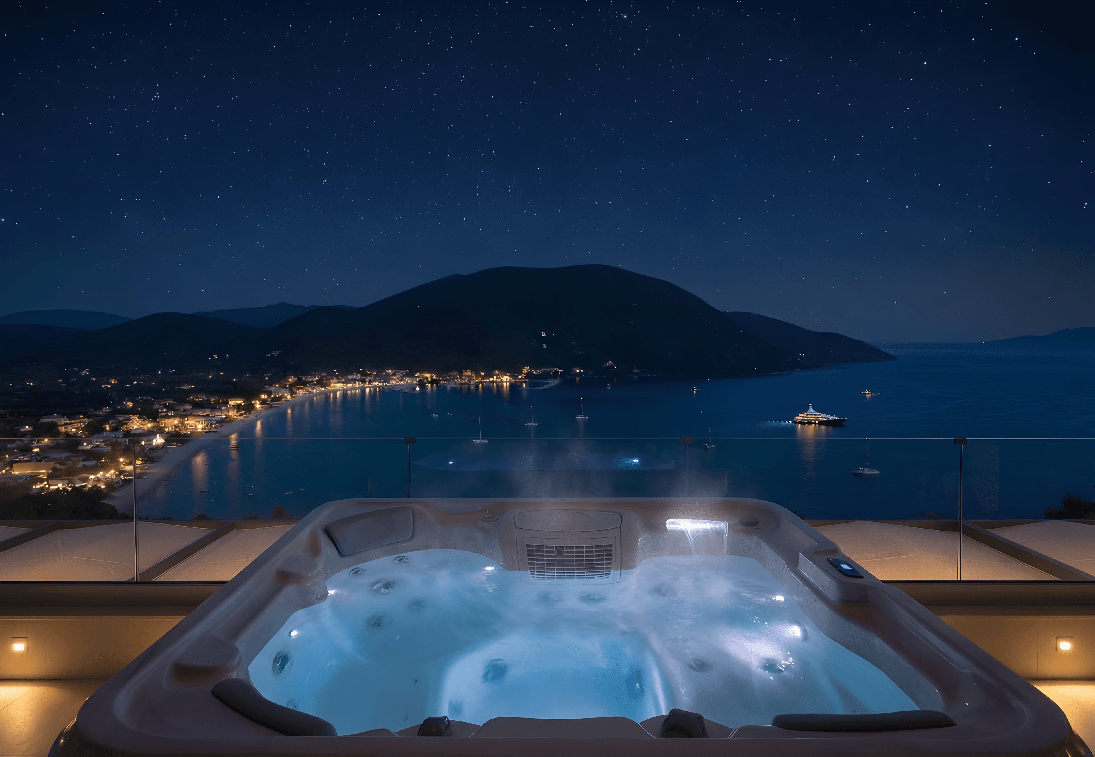Hot tub at night with starry sky and Vasiliki Bay views at Azzura Villas