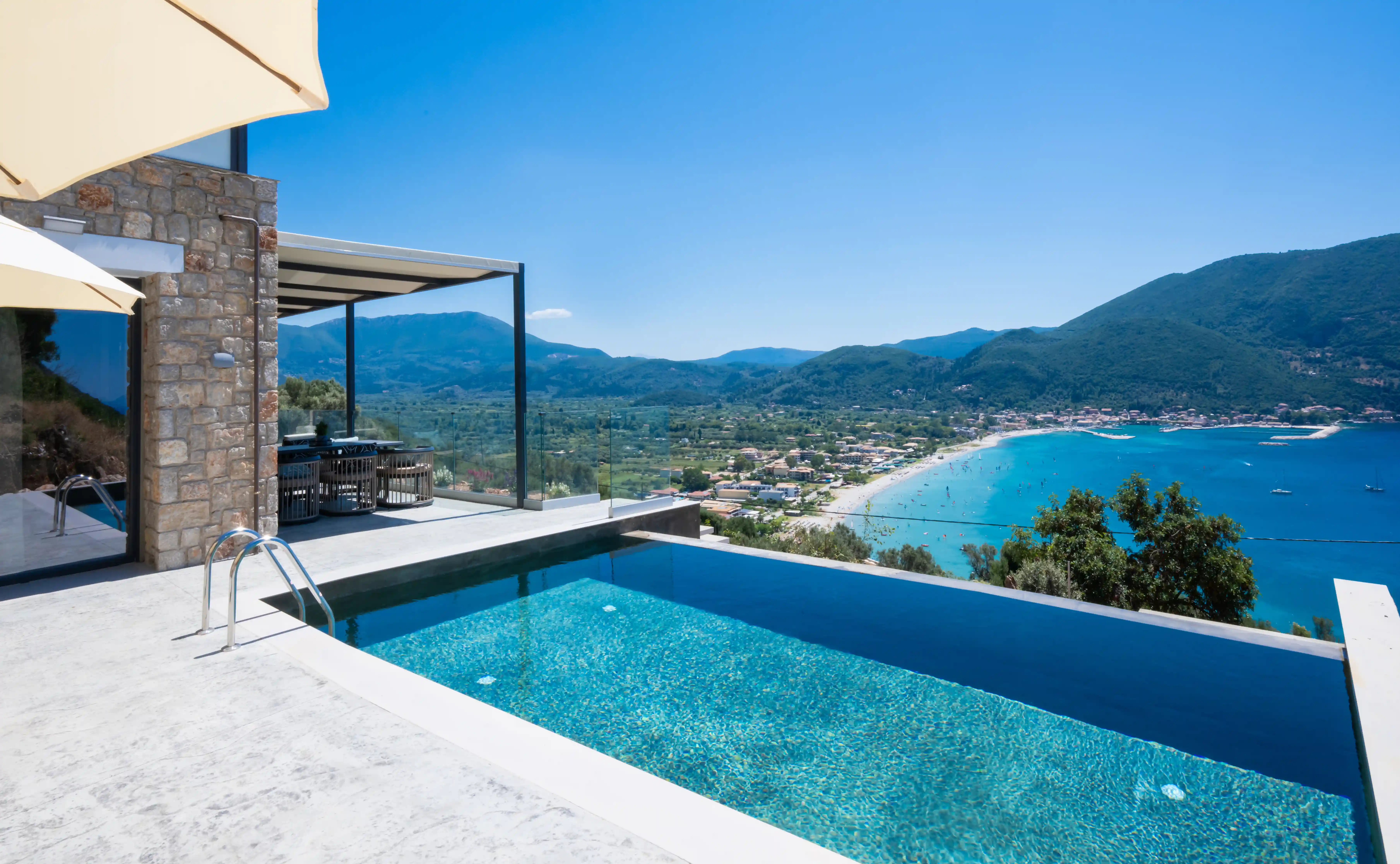 Panoramic view of Vasiliki Bay from Azzura Villas balcony in Lefkada